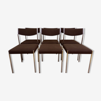 Suite of 6 vintage chairs 70s in chrome metal and brown fabric
