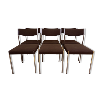 Suite de 6 chaises vintage années 70 en métal chromé et tissu marron
