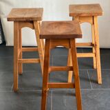 Trio of vintage pine wood bar stools