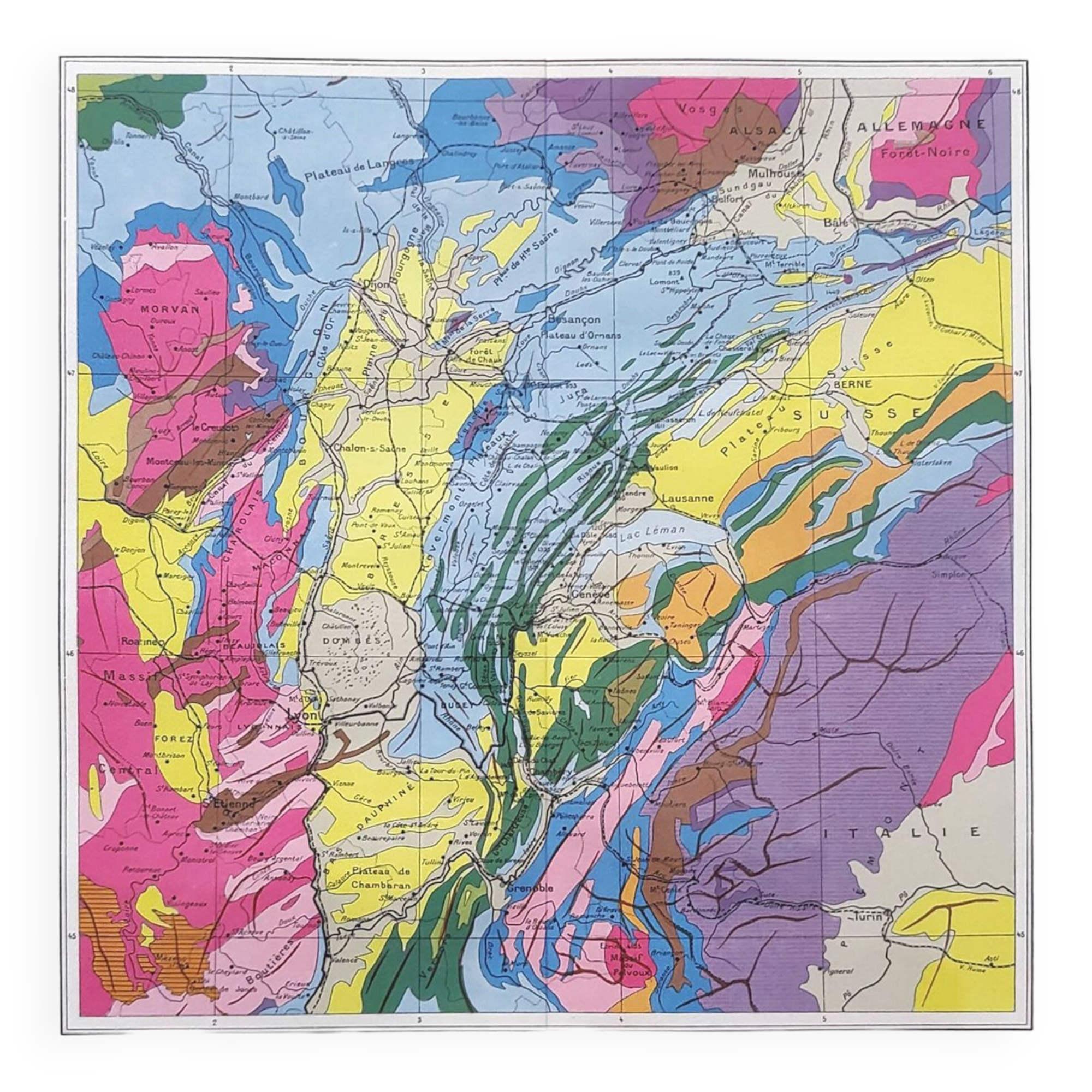 Vintage map of Jura France Switzerland 43x43cm from 1950