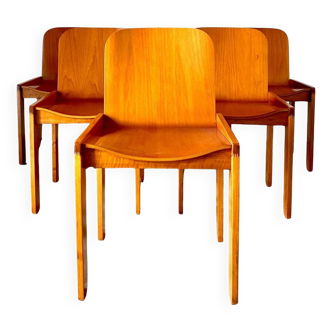 Mid Century Modern wood dining chairs, ser of six, Molteni, Italy 1970s