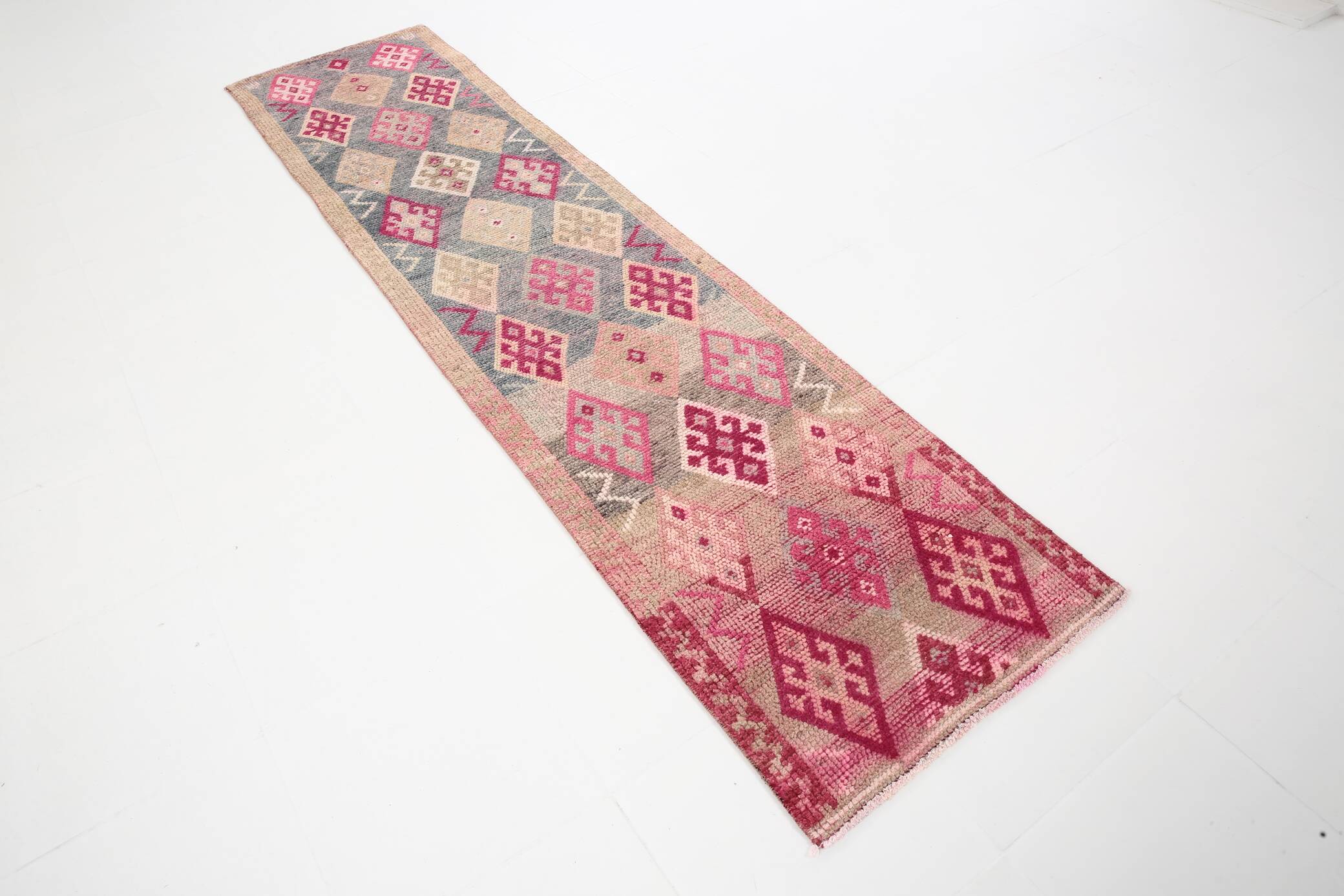 Pastel Pink & Cream Turkish Vintage Runner Rug, 72x306Cm