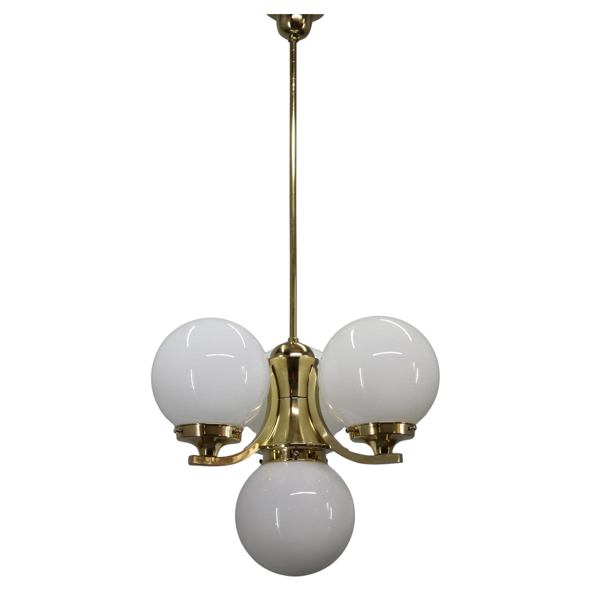 Art Deco brass chandelier with opaline glass, Czechoslovakia, 1930s