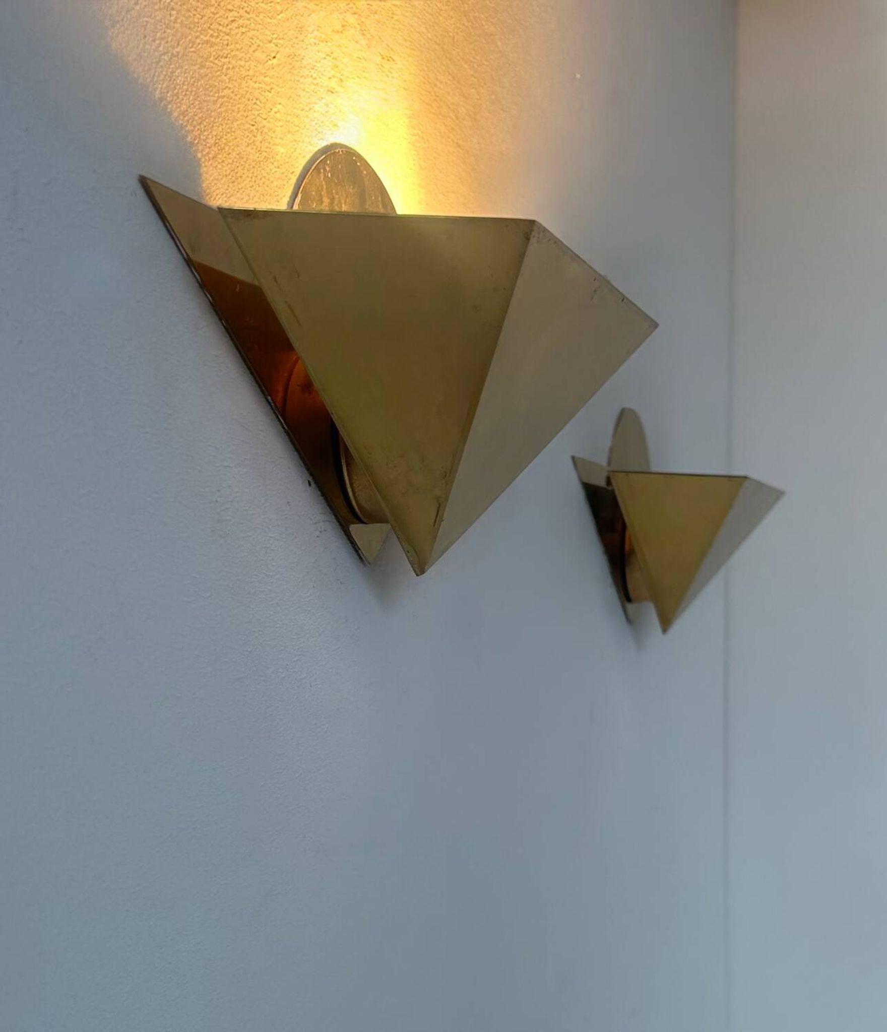 Pair of vintage geometric sconces, brass, France 1970