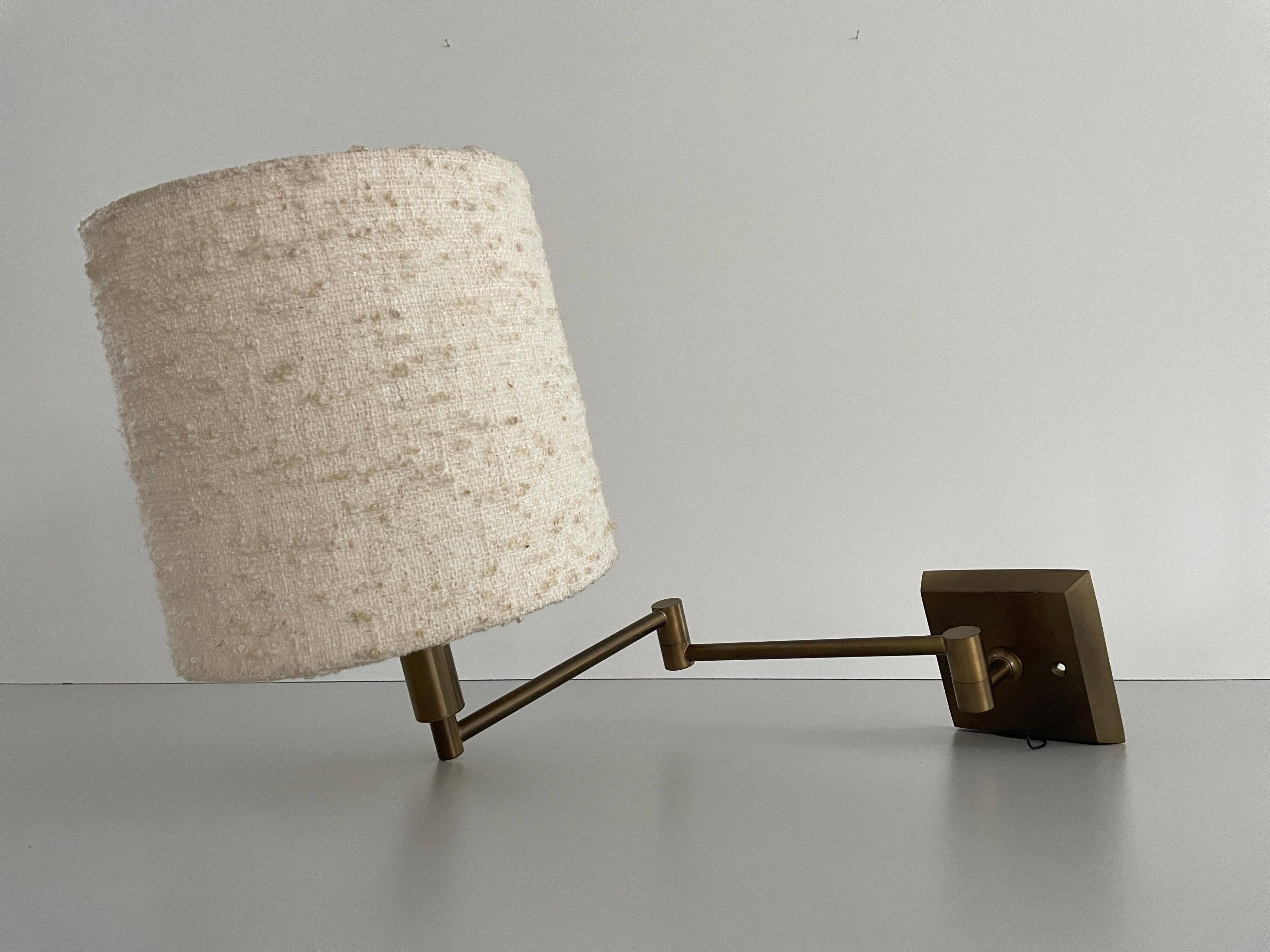 Adjustable brass wall lamp with fabric shade, Danish design, 1970s, Denmark.