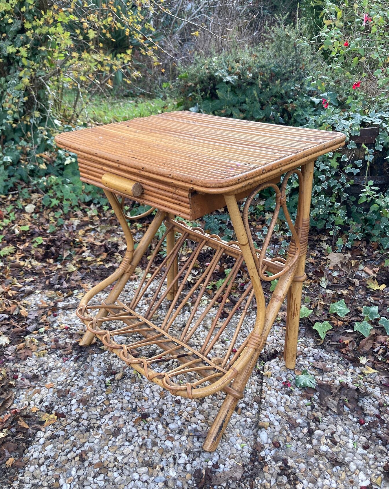 Vintage rattan magazine rack table