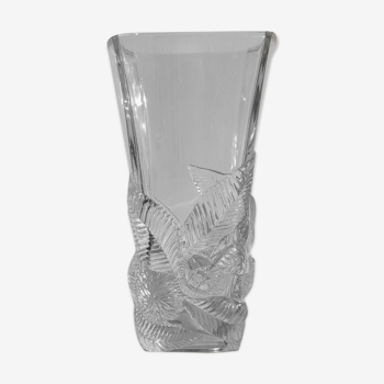 Large molded transparent glass vase with brown patterns