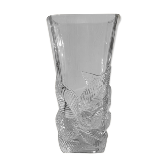 Large molded transparent glass vase with brown patterns