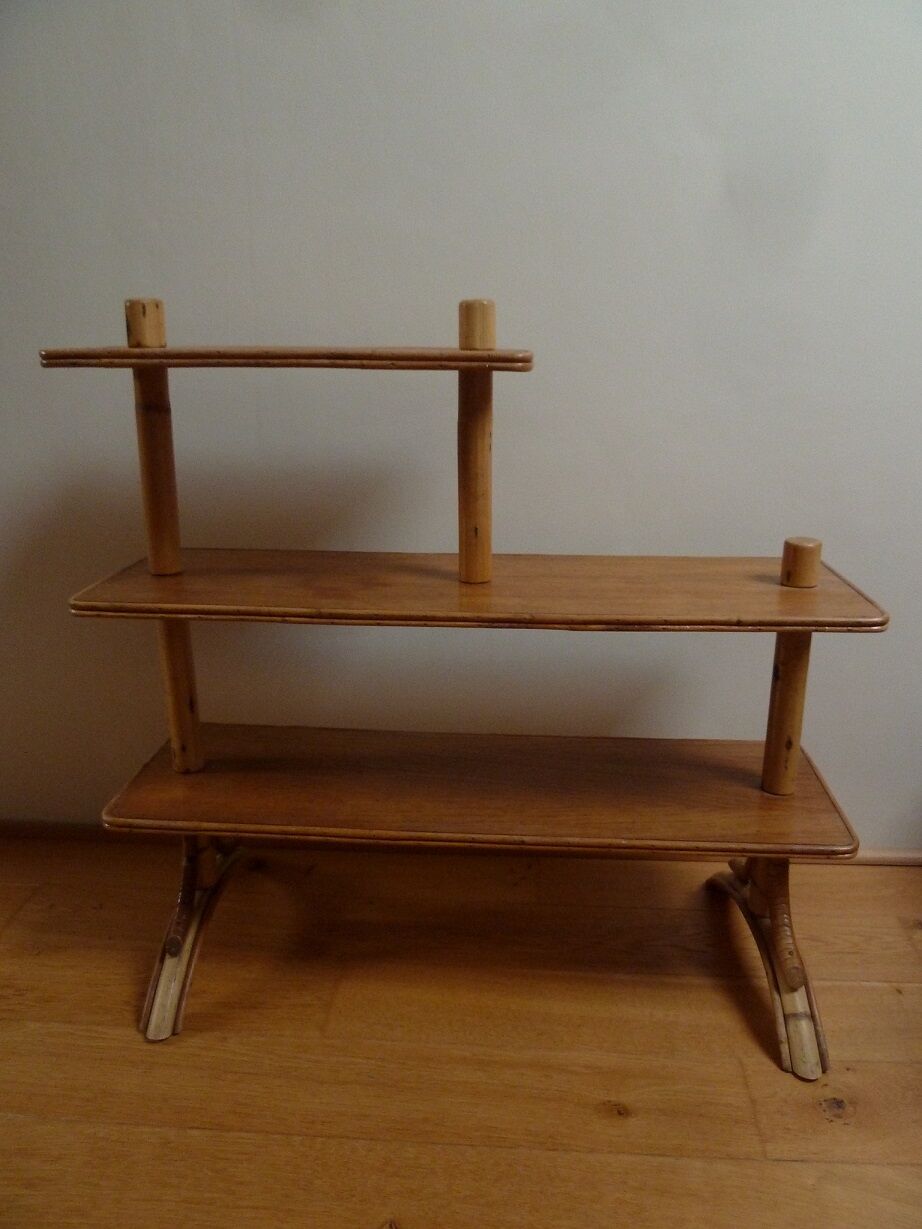 Asymmetrical rattan and wood shelf