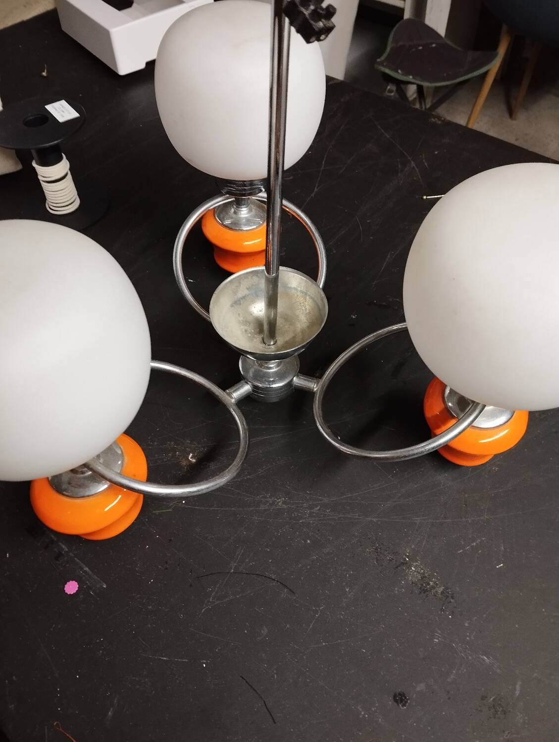 Space age chrome and ceramic chandelier