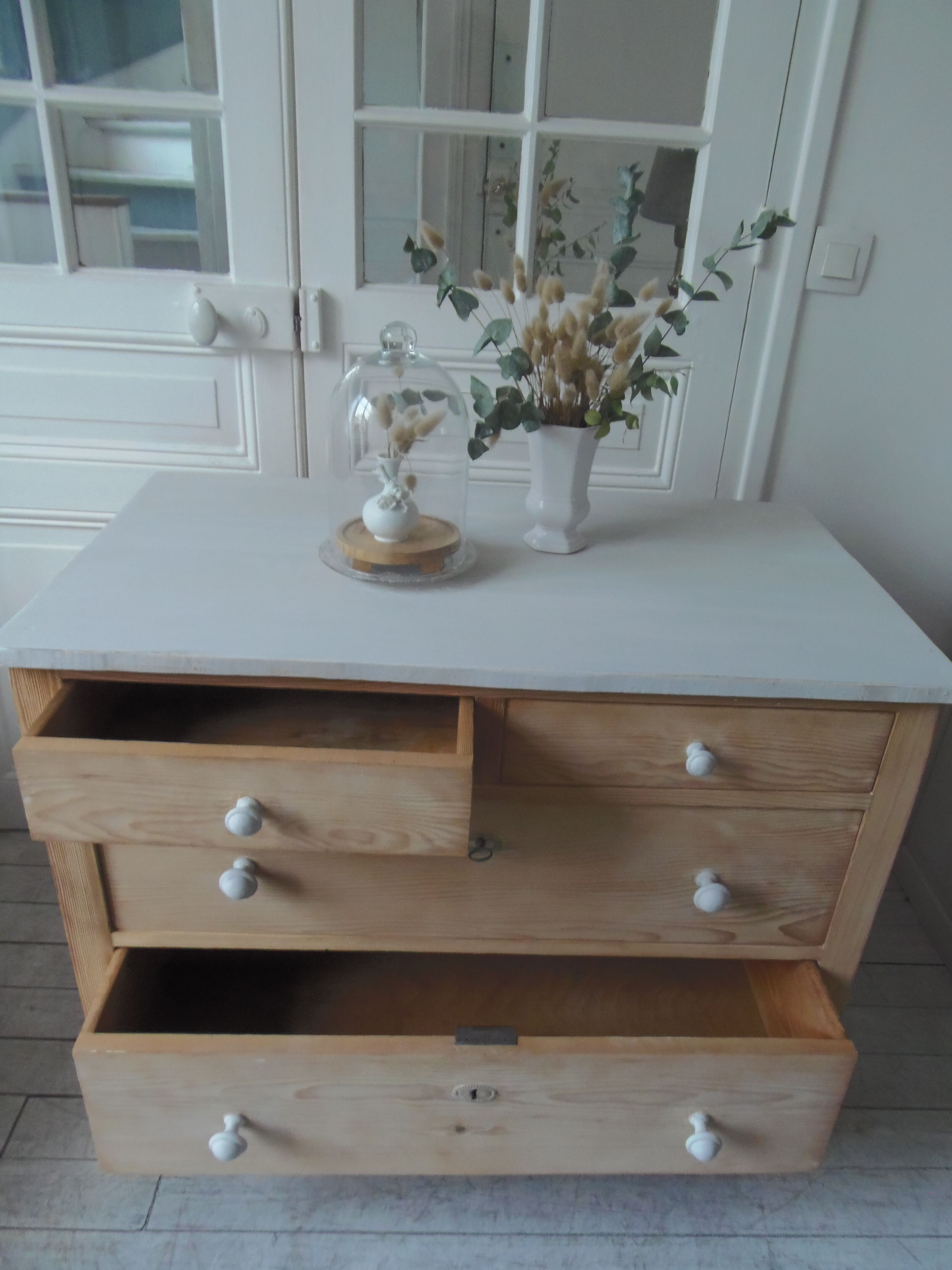 Vintage raw pitchpin chest of drawers, pearl grey patinated drawer tray buttons