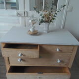 Vintage raw pitchpin chest of drawers, pearl grey patinated drawer tray buttons