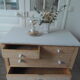 Vintage raw pitchpin chest of drawers, pearl grey patinated drawer tray buttons