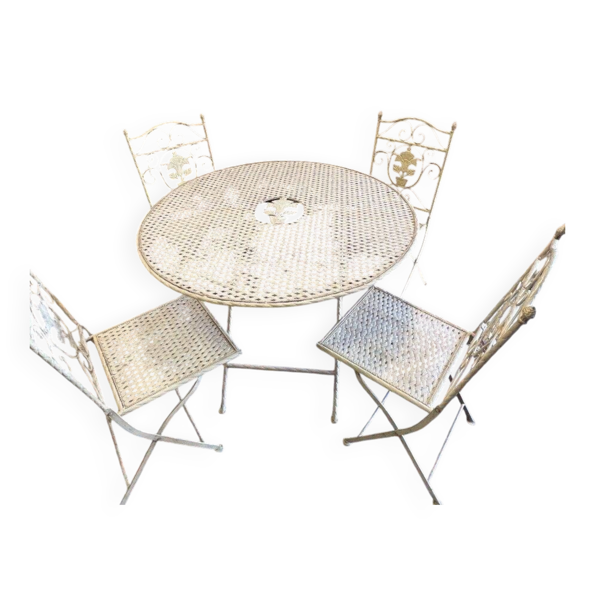 Foldable garden or terrace furniture set made of sheet metal and woven, perforated wrought iron, 5 pieces.