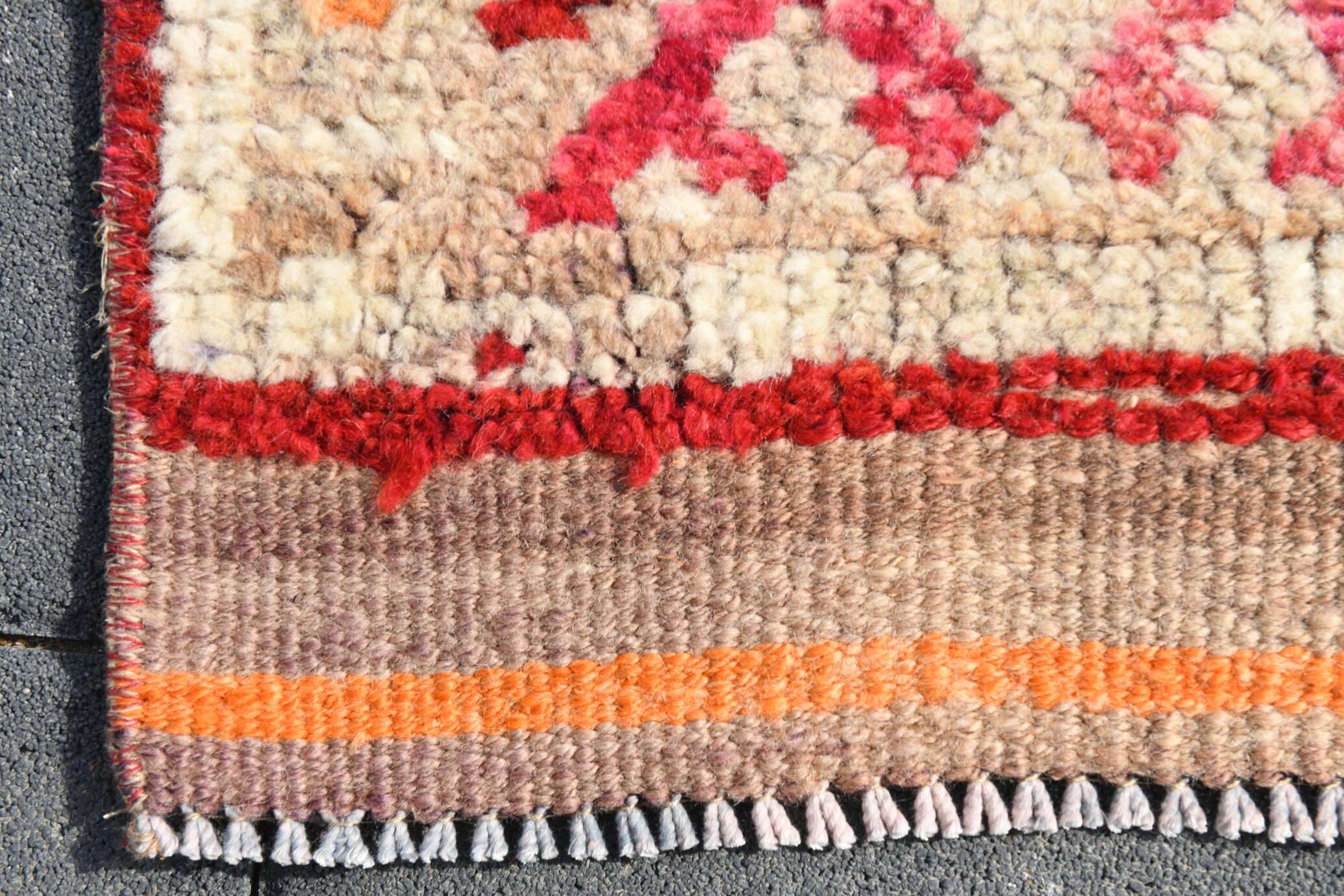 Tapis de Couloir Turc Vintage, Laine Rouge & Beige Géométrique, 83x388 Cm