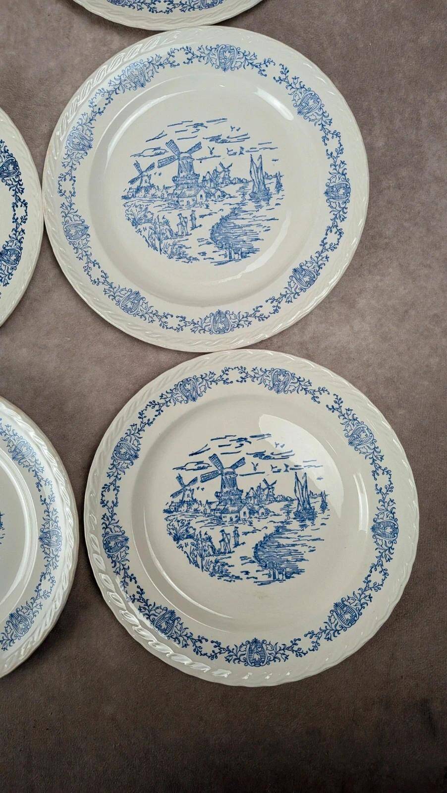 Set of 6 antique flat plates Rotterdam blue windmill design.