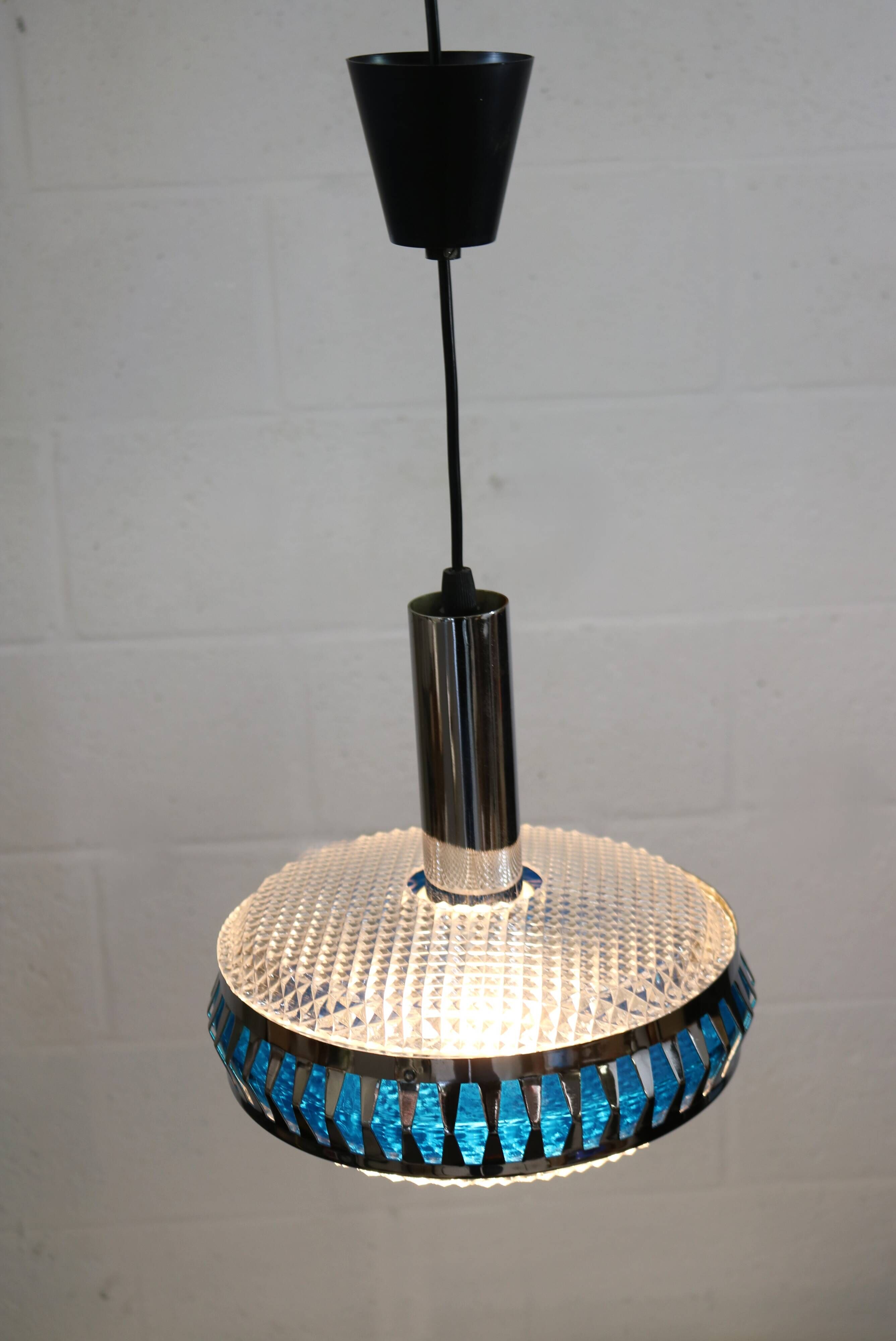 Vintage Chrome & Blue Pendant Lamp - 1970s Massive Belgium Lighting