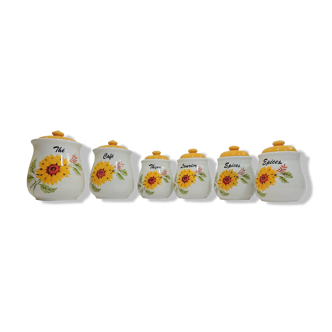 set of six glazed ceramic pots with floral decoration/spice pots/vintage