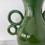 Green ceramic amphora vase with large handmade circular handles