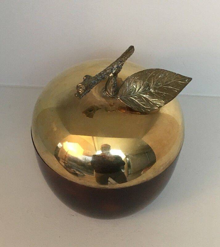 Apple-shaped ice bucket in red celluloid, gold-tone metal and plastic