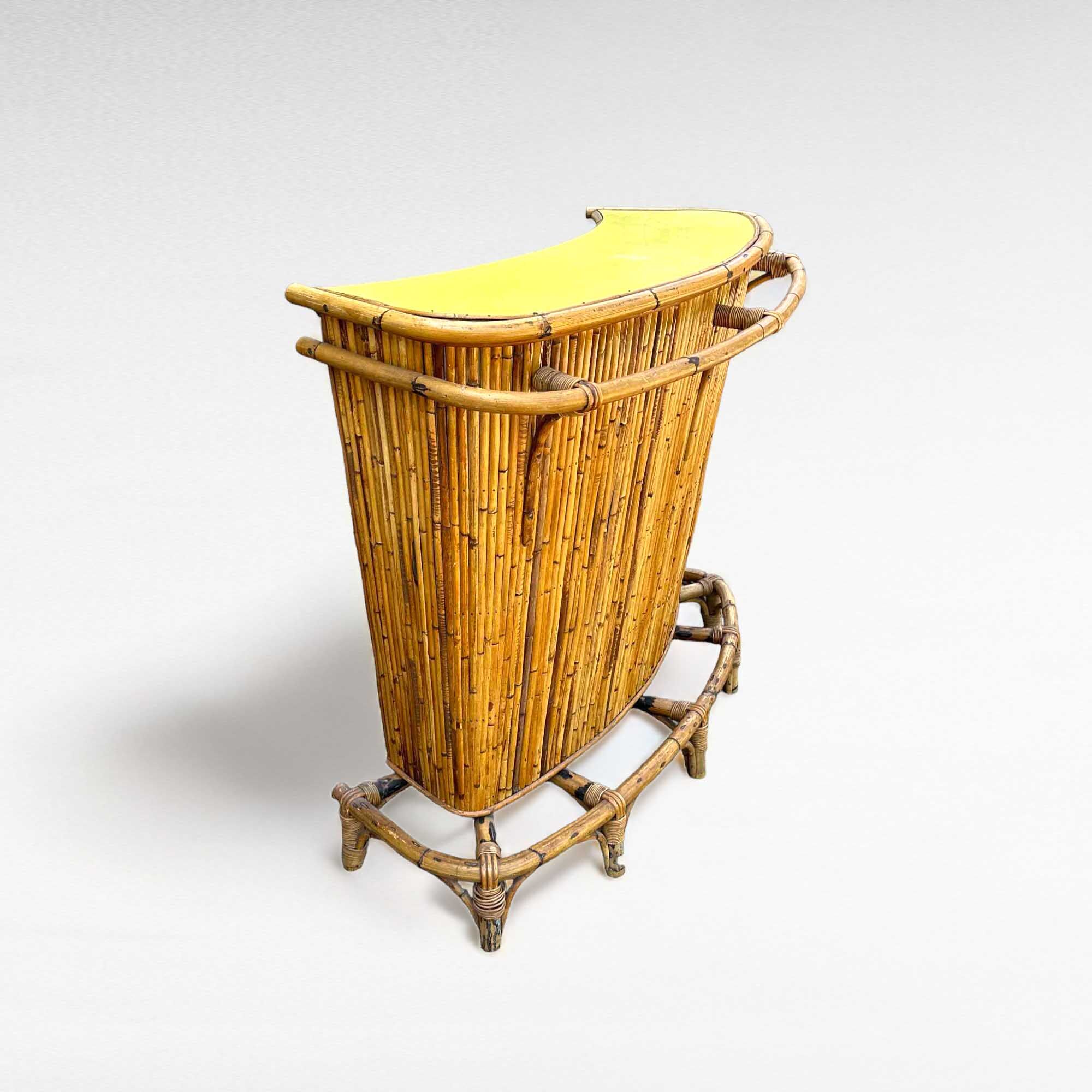 Bamboo and rattan tiki cocktail bar with stools, set of 3, 1960s