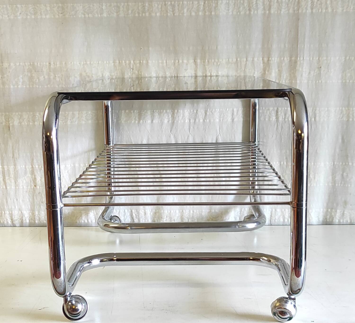 Coffee table tubular chrome structure and smoked glass - 1970s