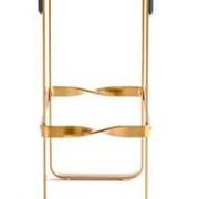 Contemporary kitchen bar stool in aged brass metal and navy blue leather.