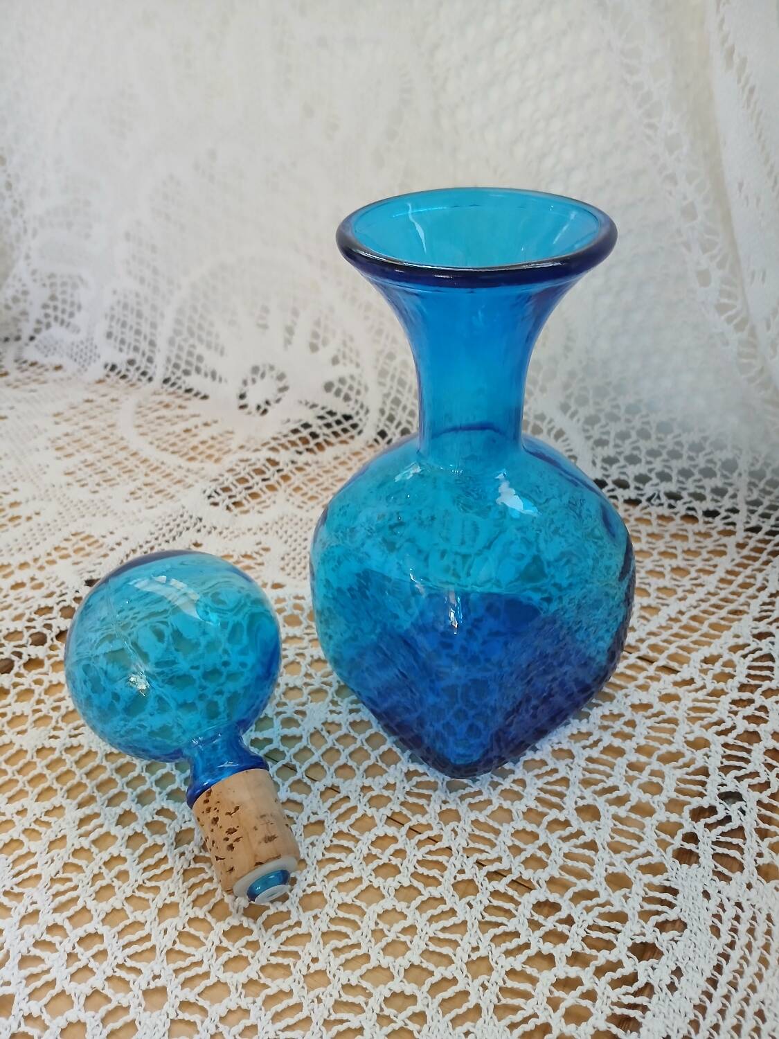 Blue embossed glass carafe