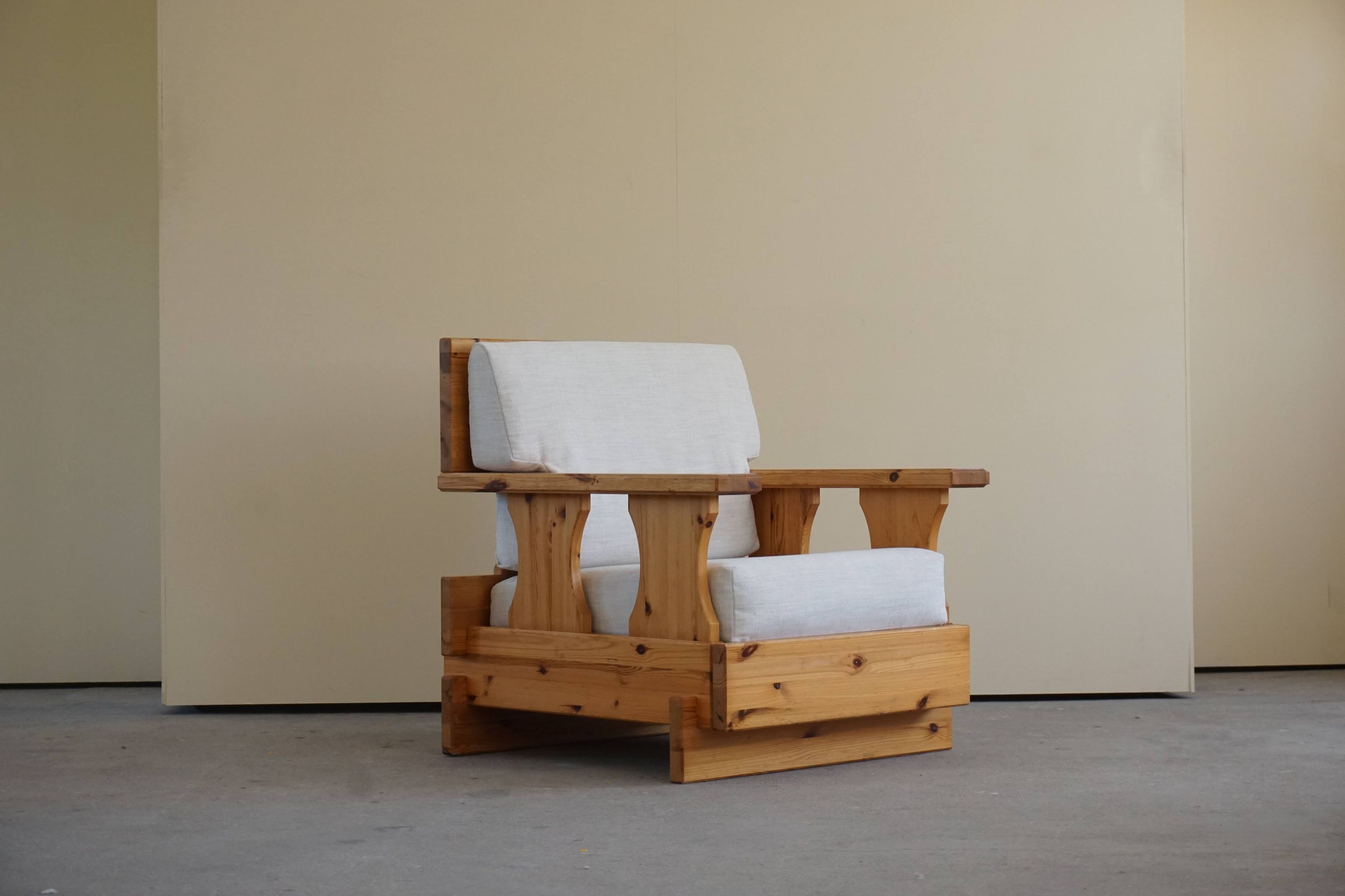 Mid century brutalist solid pine lounge chair with new upholstery, sweden, 1970s