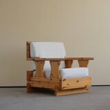 Mid century brutalist solid pine lounge chair with new upholstery, sweden, 1970s