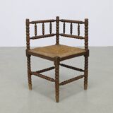Chaise d'angle ancienne hollandaise en chêne et jonc, vers 1900