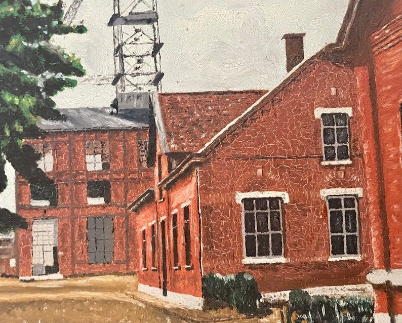 1930s French oil painting on canvas, industrial site with mine in Northern France