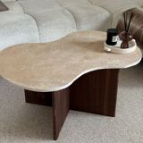 Cloud coffee table in travertine and dark oak.