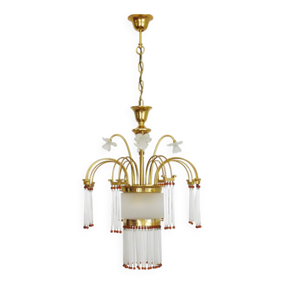 Lustre style Art Nouveau en laiton à pendeloques et globe en verre à 3 feux. Italie Années 70 80