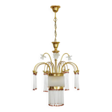 Art Nouveau style chandelier in brass with pendants and glass globe with 3 lights. Italy 70s 80s