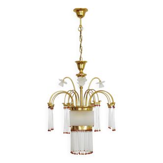 Art Nouveau style chandelier in brass with pendants and glass globe with 3 lights. Italy 70s 80s