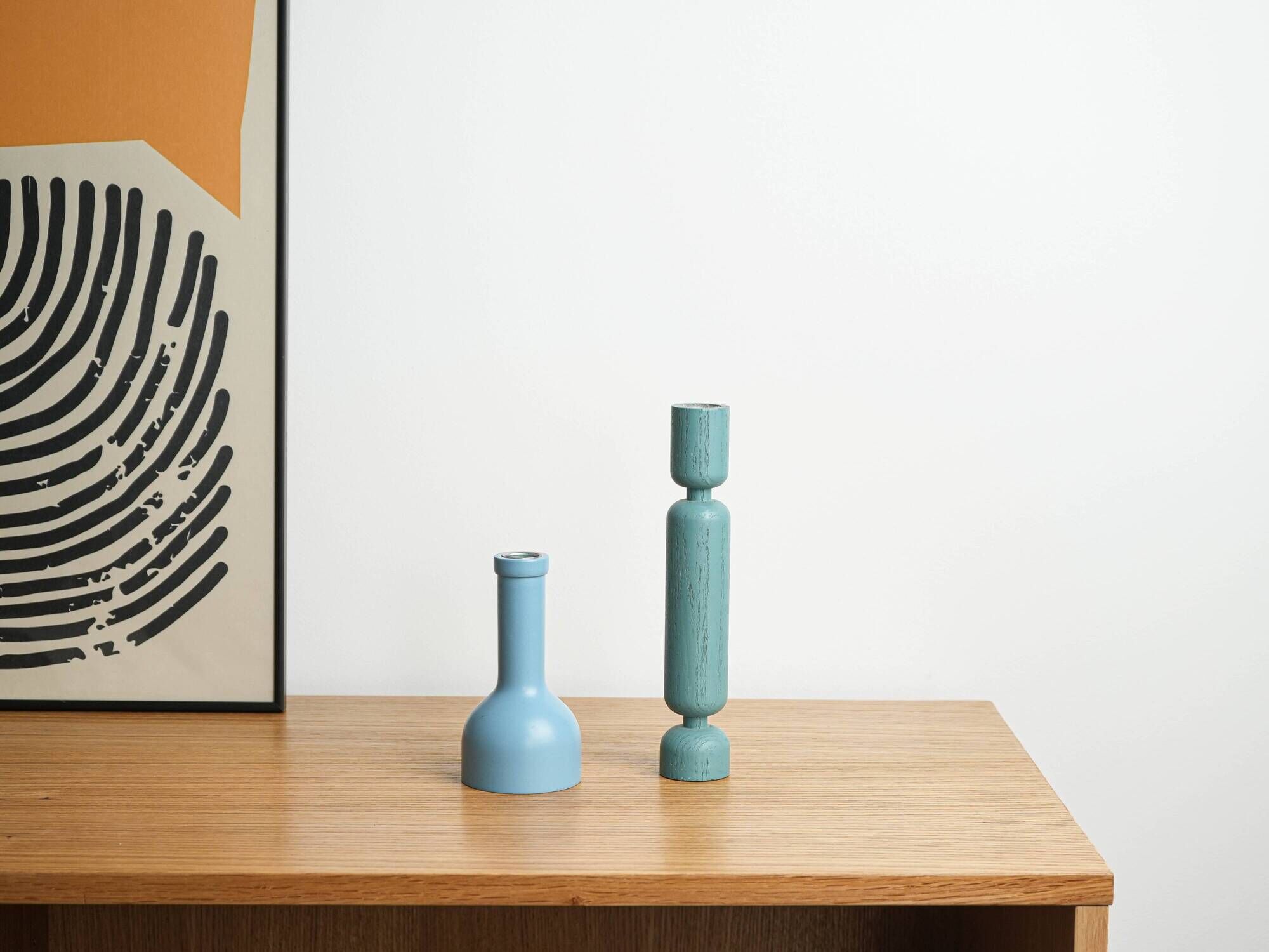 Wooden candlestick with blue enamel accent, Danish design from the 1970s,