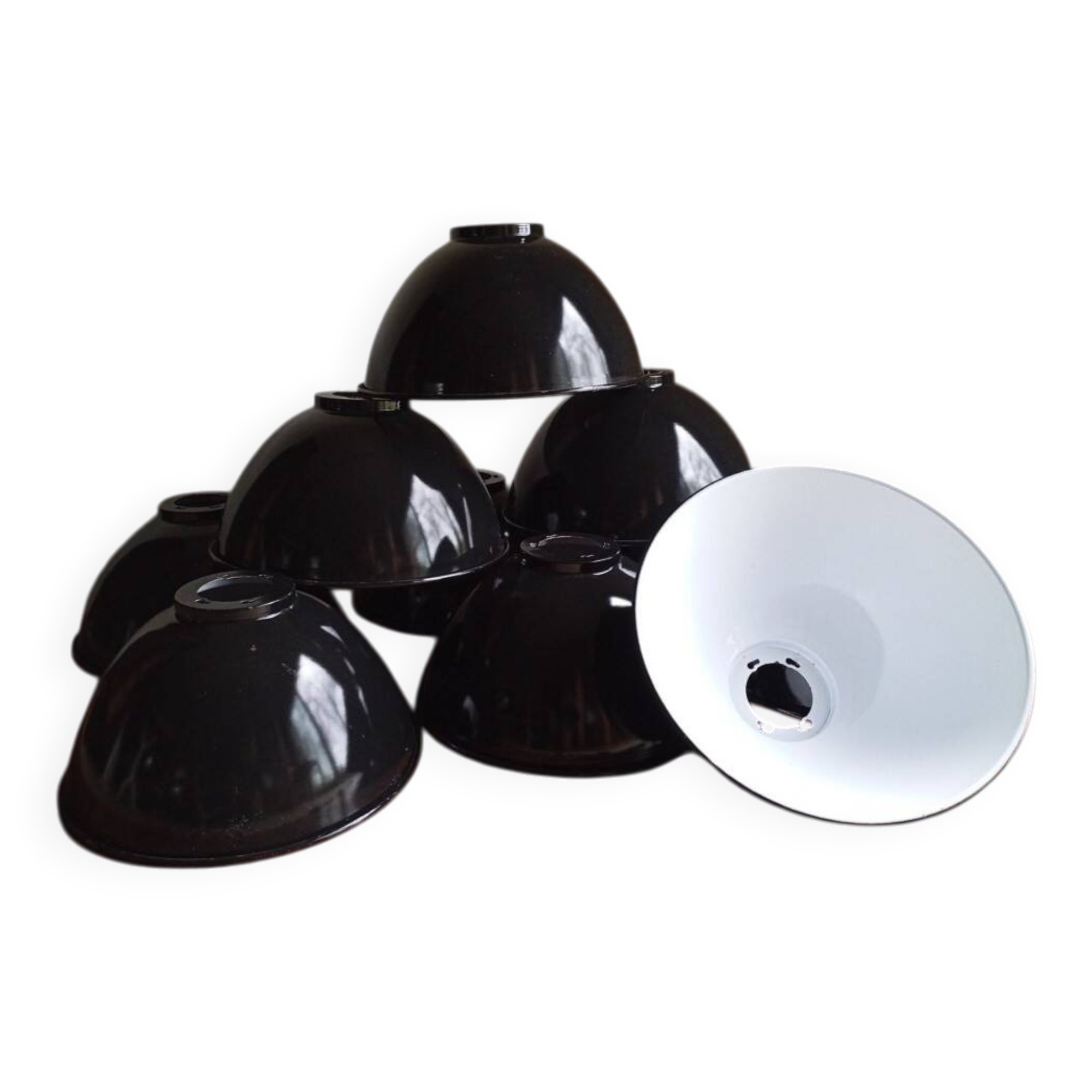 Set of 10 large industrial enamelled metal pendants.