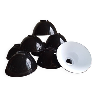 Set of 10 large industrial enamelled metal pendants.