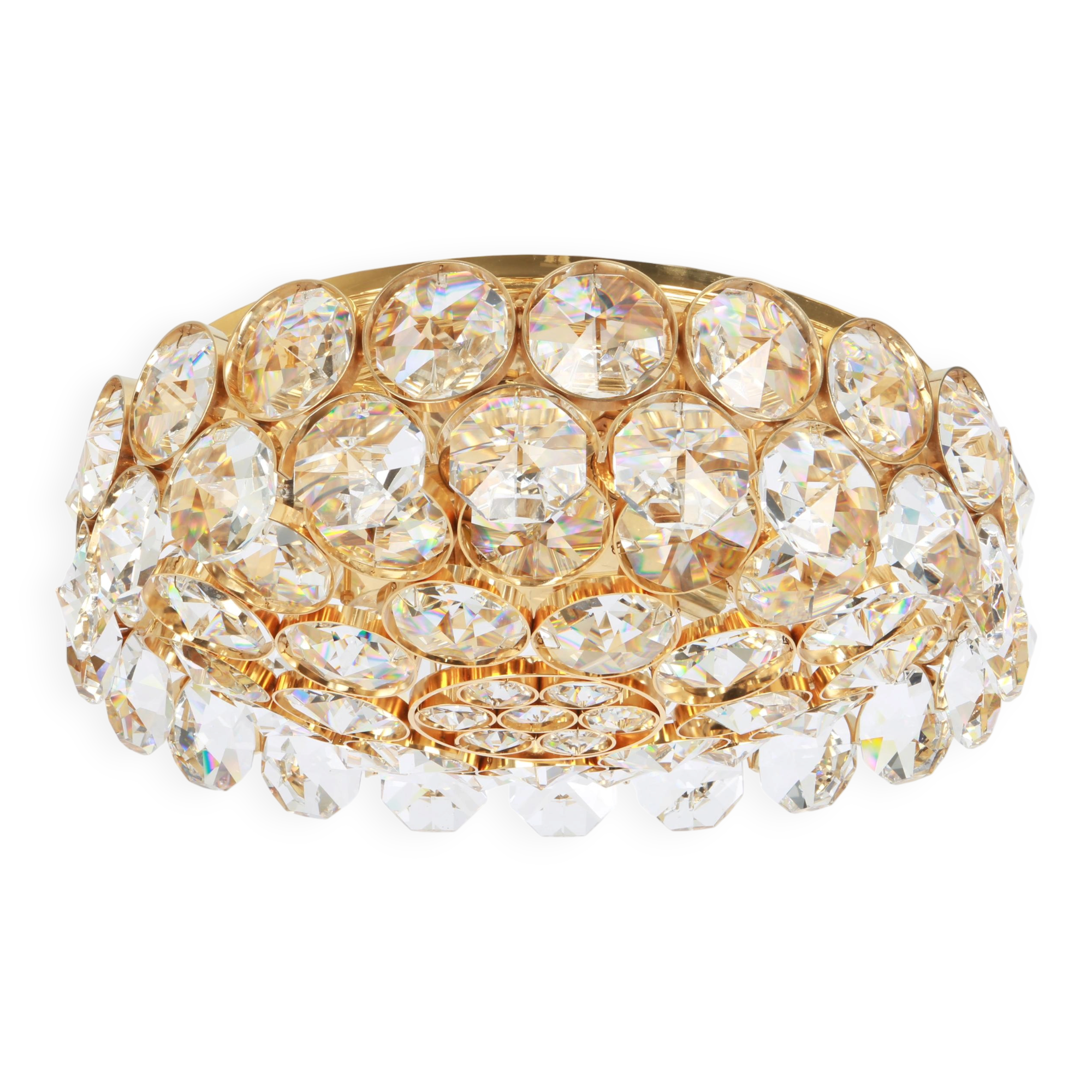 Chandelier in gilded brass and crystal glass inlaid by Palwa, Germany, 1970s.