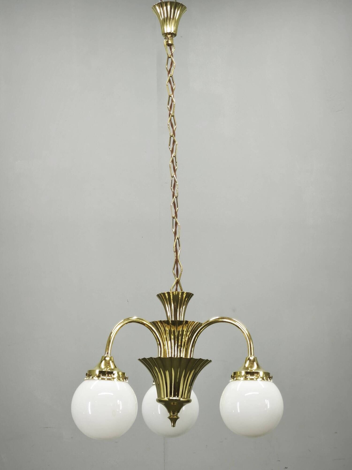 1930s Czechoslovak Art Deco Brass and Opaline Glass Chandelier