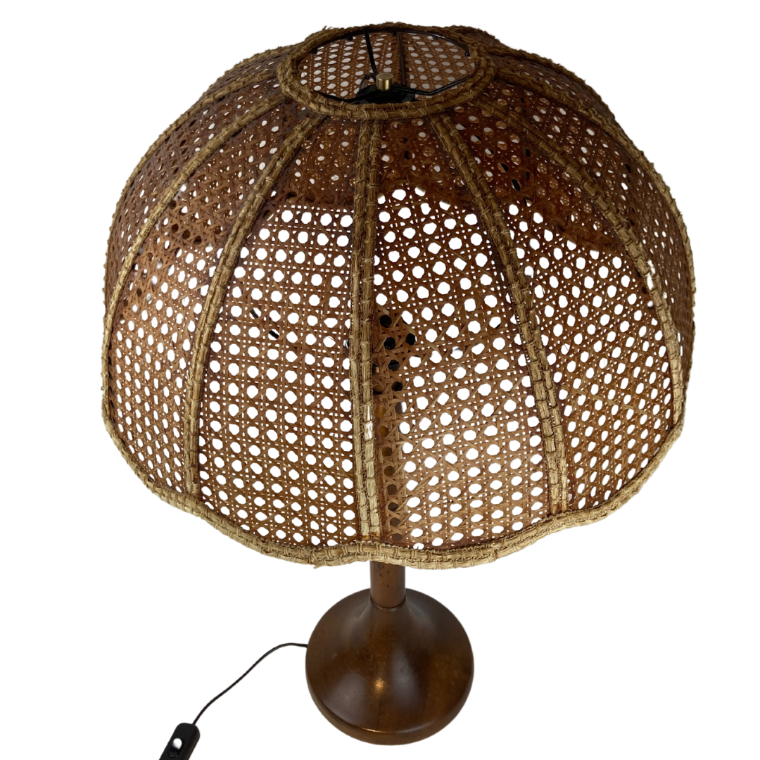 Lampe de table d’abat-jour de champignon en fausse toile de bambou, années 1960