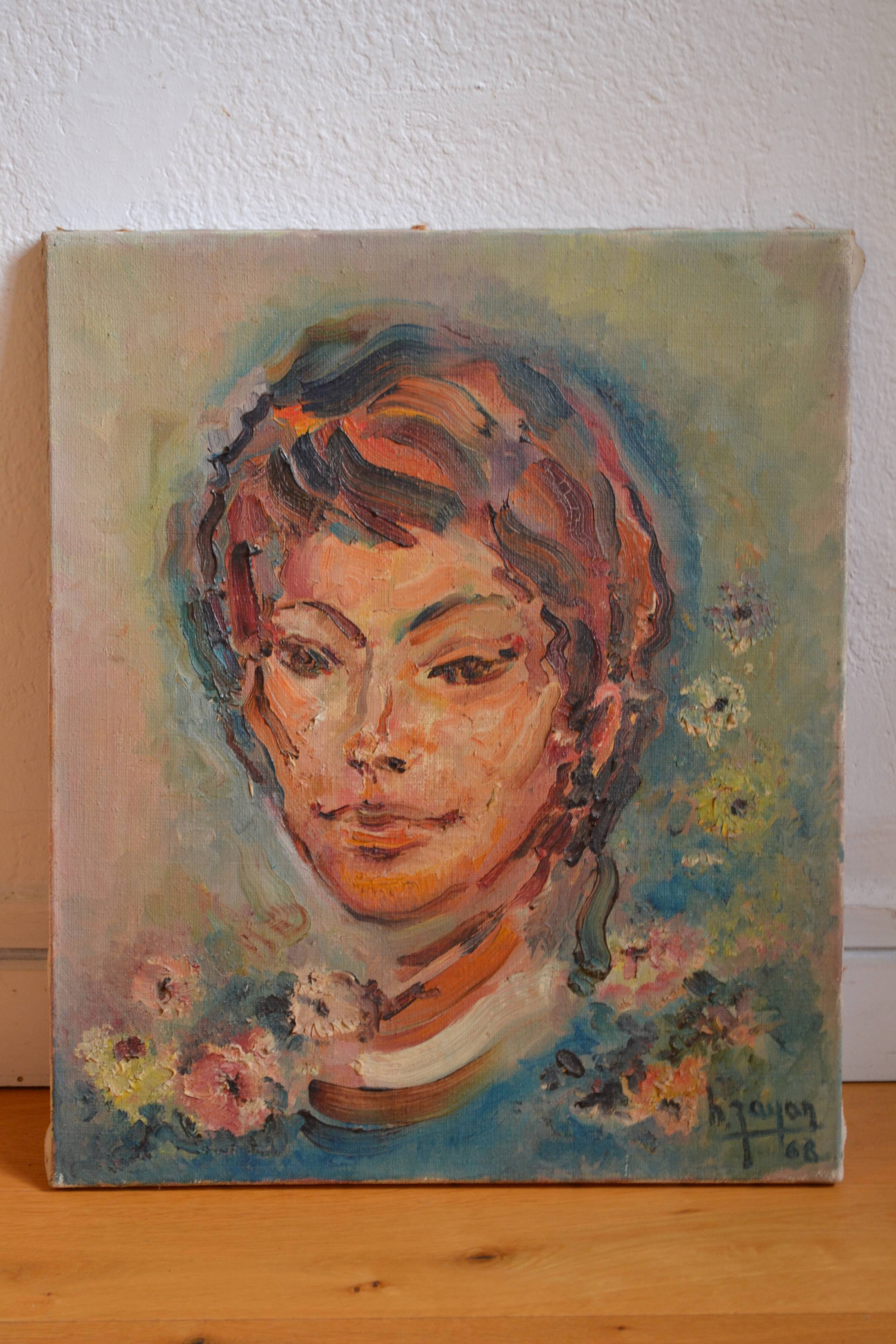 Portrait by Henri Zayan, HST painting, French school, mid-20th century.