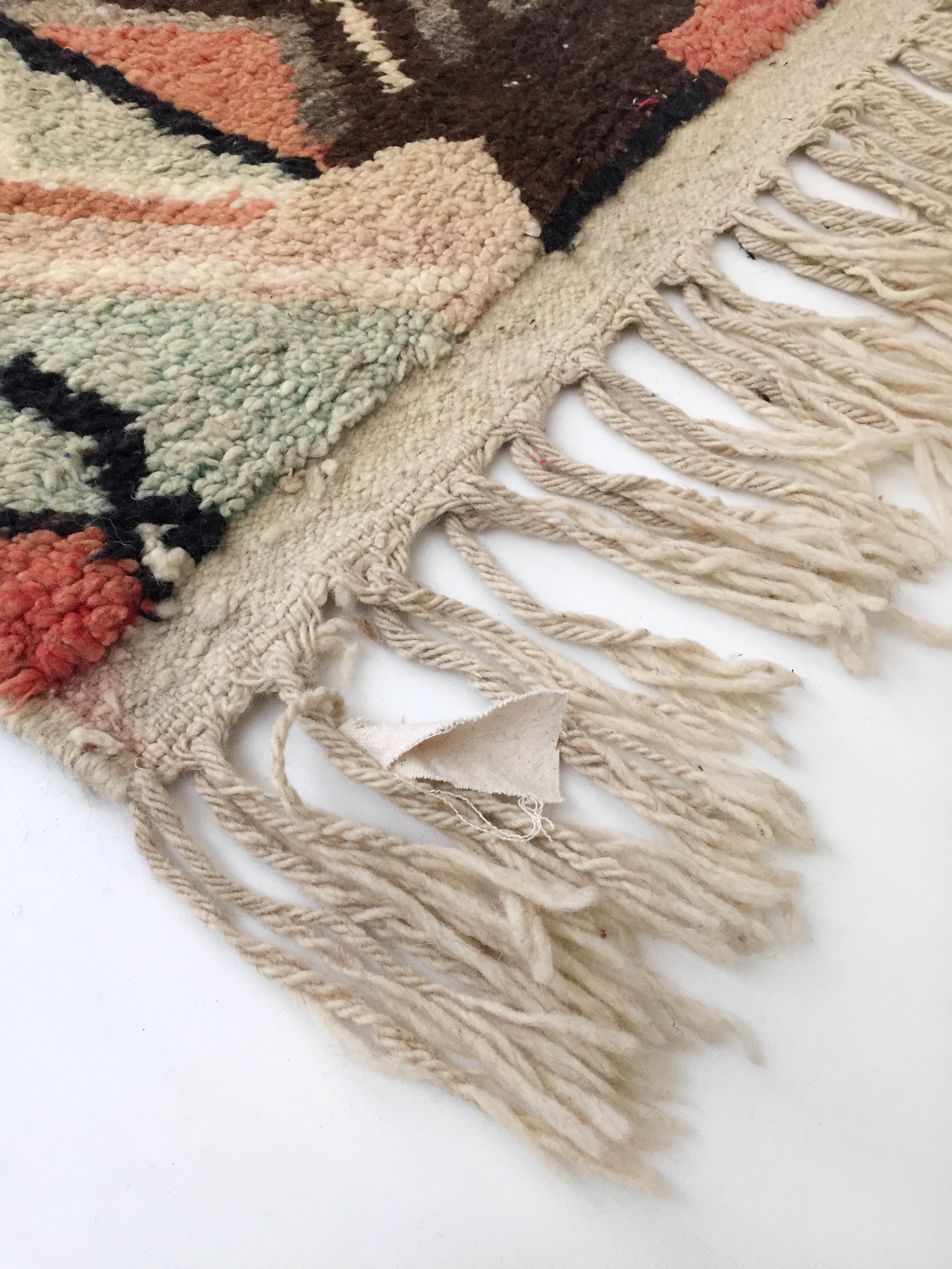 Moroccan Berber boujaad ecru carpet with colorful patterns 303x197cm