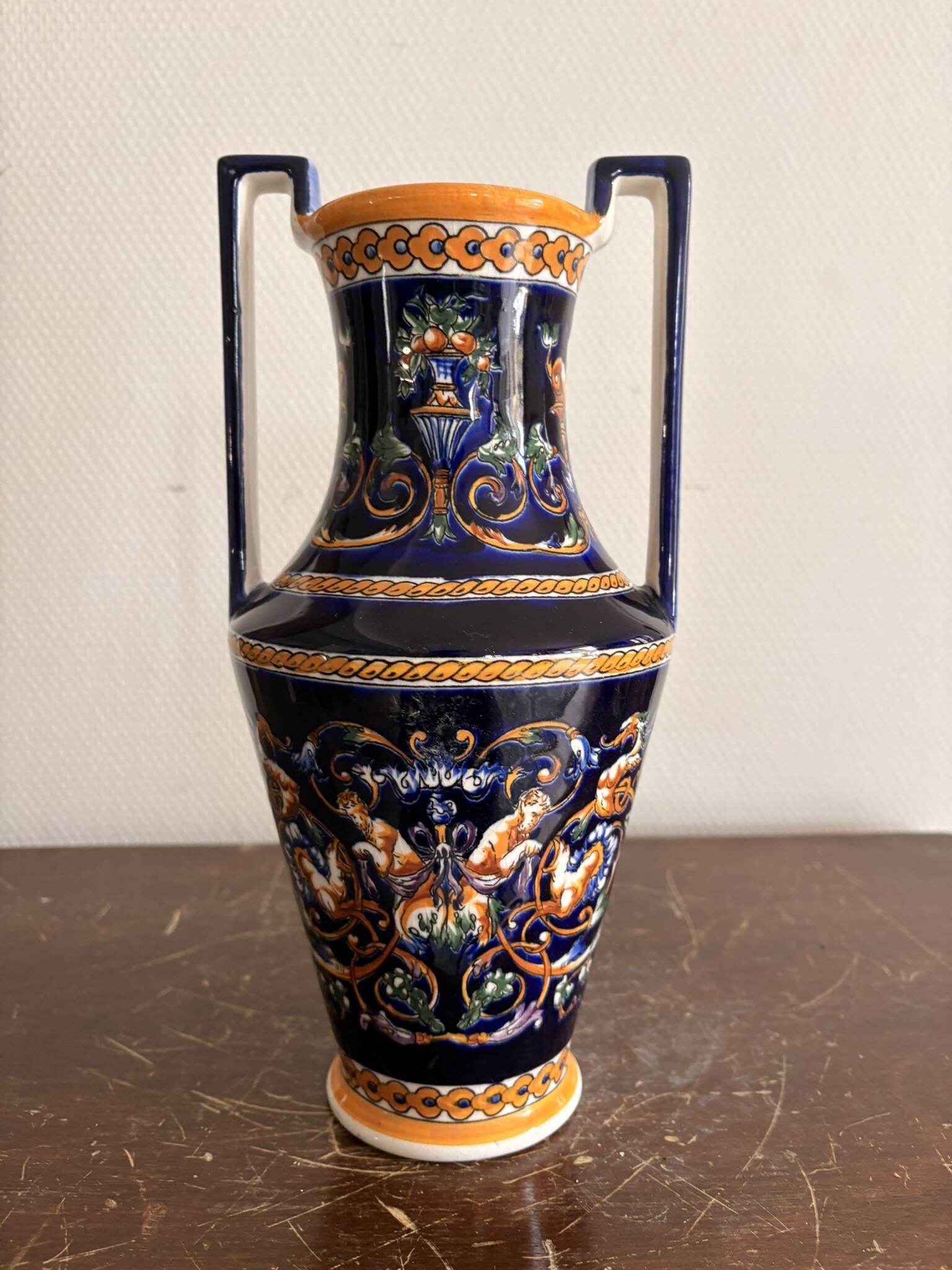 Ancient Double-Handled Vase Faience Gien Renaissance Model Italian Majolica
