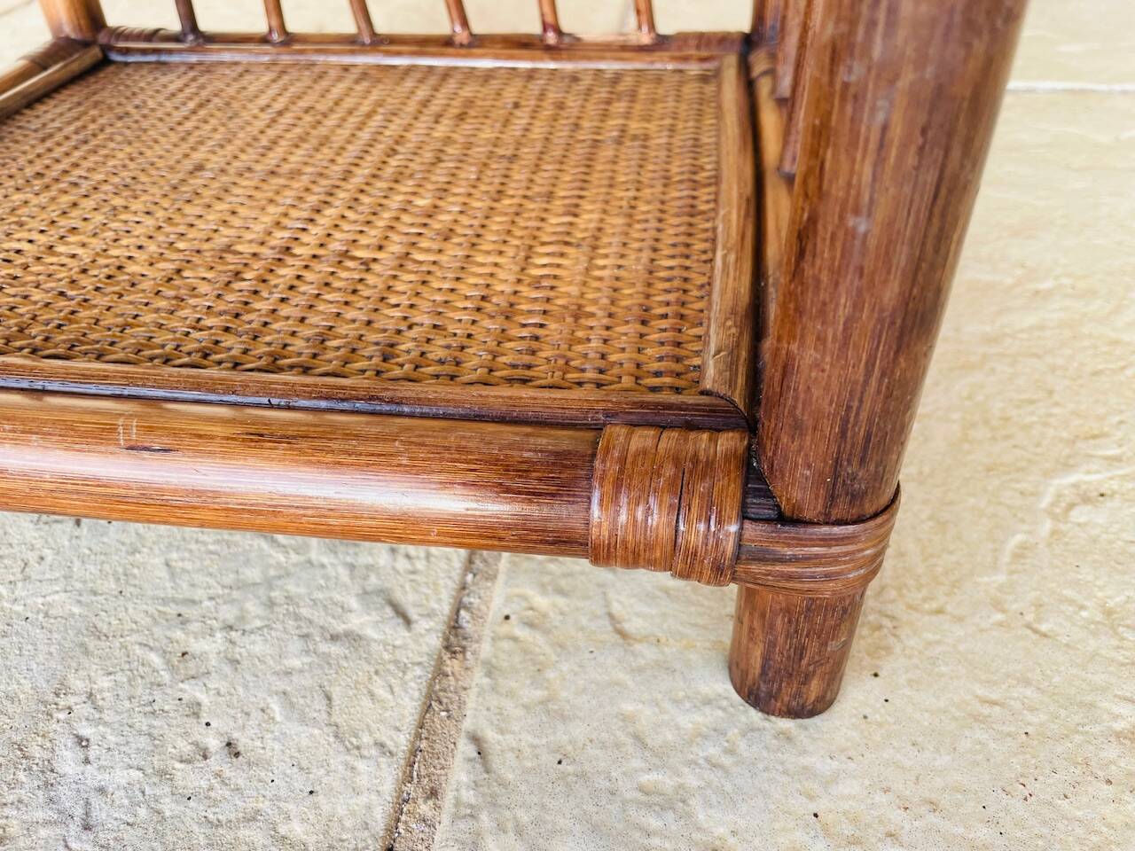 Vintage bamboo and wicker bedside table with 2 shelves, circa 1970
