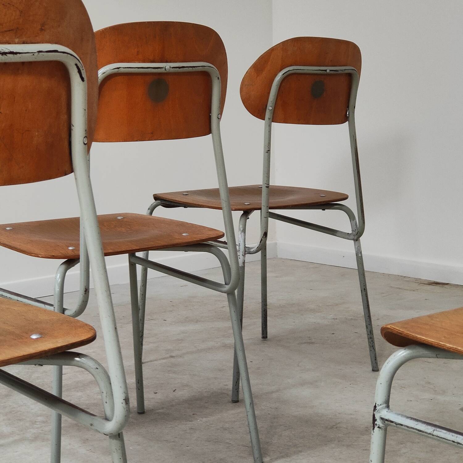 Set of 8 industrial style school chairs, Czechoslovakia 1950