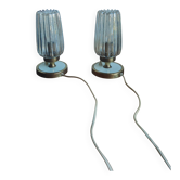 Pair of vintage 70s bedside lamps – Brushed brass, enamel & ribbed glass