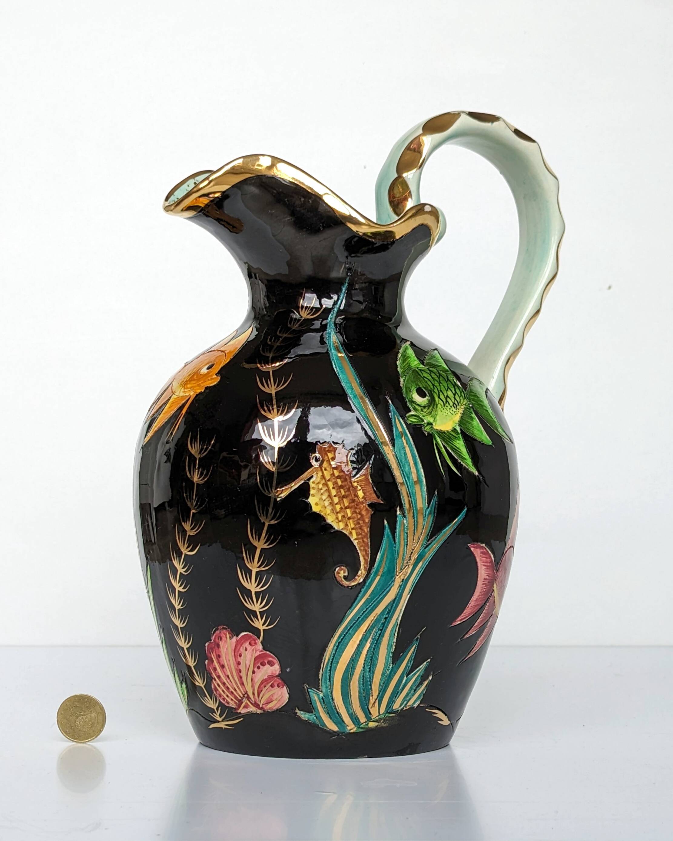 Large pitcher / Monaco vase in polychrome earthenware with bas relief decoration of fish on a seabed