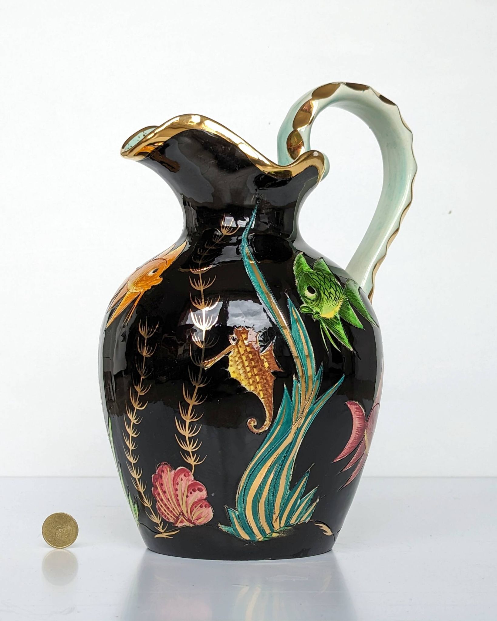Large pitcher / Monaco vase in polychrome earthenware with bas relief decoration of fish on a seabed